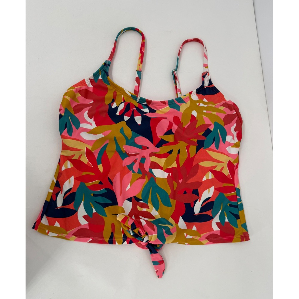 Mynah Women Tropical Leaf Print Tie Front Tankini Swim Top Multicolor Sz L